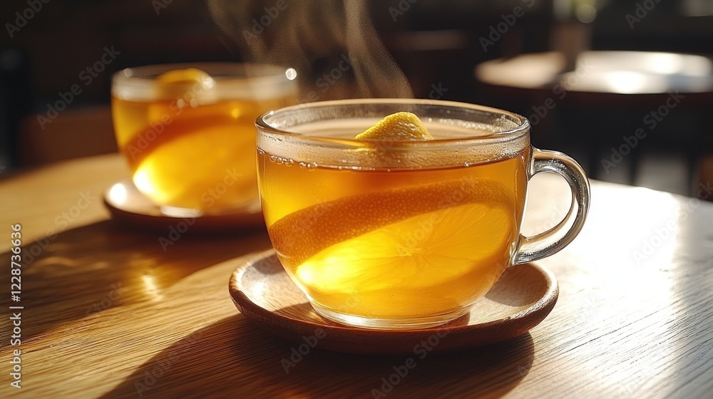 Steaming lemon tea cafe sunlight warmth