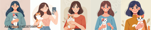 vector set of female characters holding a cat