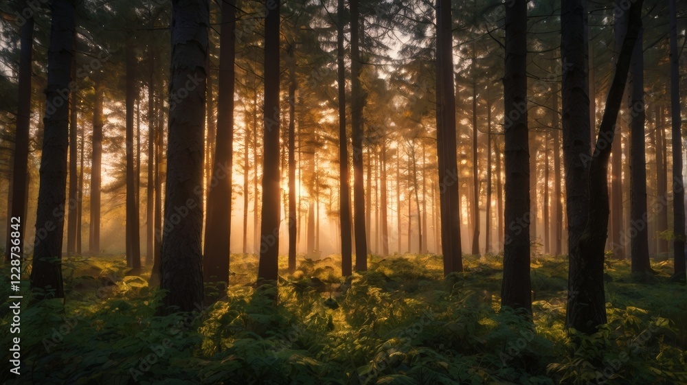 Obraz premium Sunlight Through a Dense Forest with Trees and Lush Green Undergrowth at Dusk