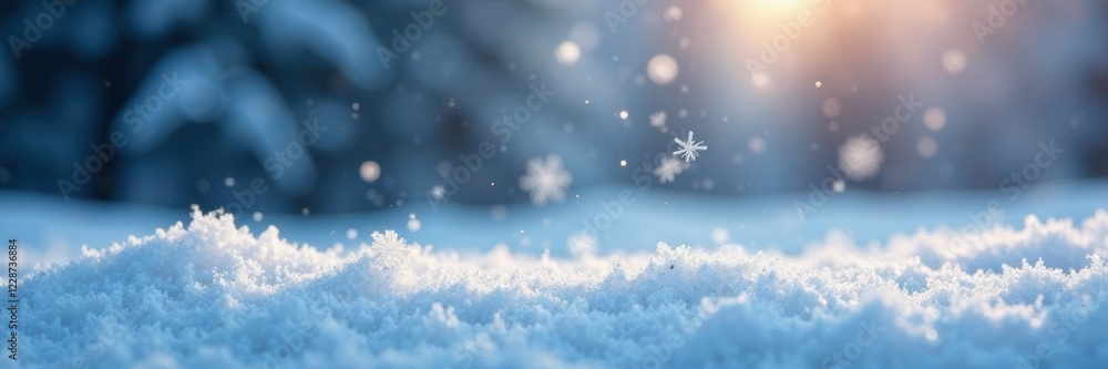 Naklejka premium Sparkling snowflakes fall onto a frosty winter landscape, Landscape, Snow, Snowflakes