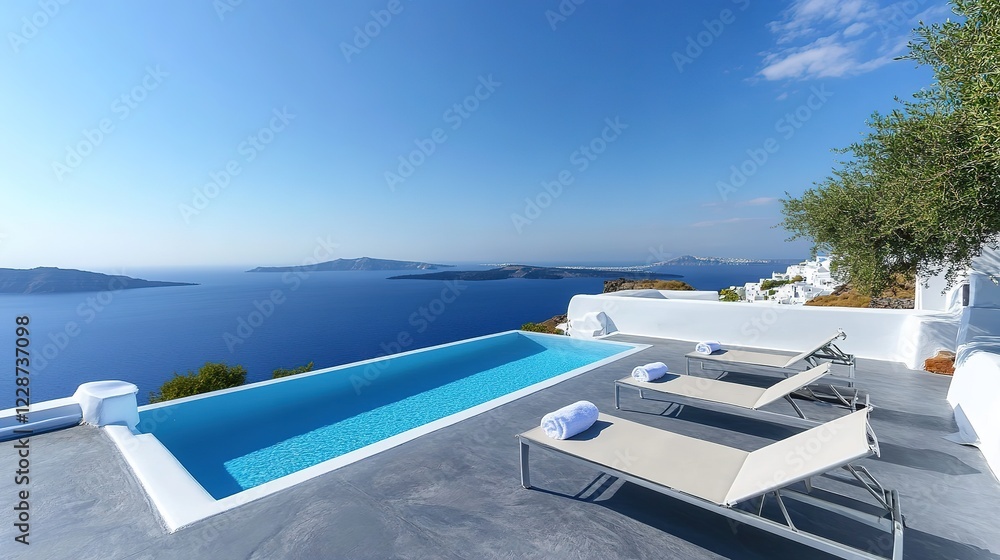 Fototapeta premium Stunning White Architecture Against Deep Blue Sea and Clear Skies in Santorini Greece - Perfect for Sunny Day