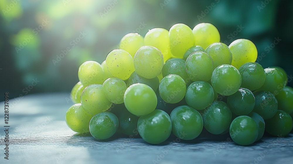 Sunlit green grapes on table, vineyard background Sunlit green grapes on table, vineyard background