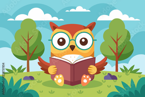 A cute owl reading a book in the park