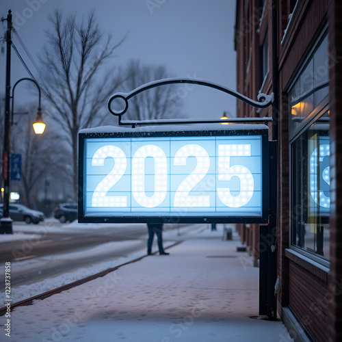 snowy illuminated sign announces 2025 budget photo