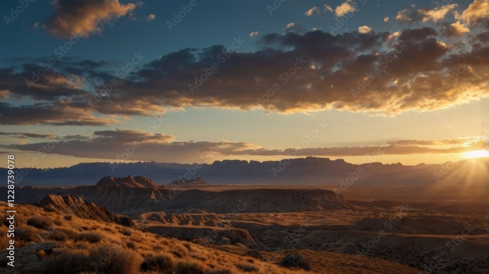 Obraz premium Panoramic View of a Desert Landscape at Sunset with Dramatic Sky and Mountain Range