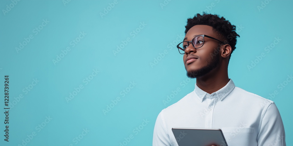 A young man wearing sleek business casual attire and holding a tablet with a flat soft blue background with copy space A young man wearing sleek business casual attire and holding a tablet with a flat soft blue background with copy space