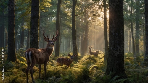 A serene forest scene with three deer illuminated by morning sunlight through the trees