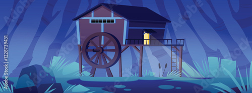Water mill on piles on the dark swamp at night, flat vector vintage wooden house with wheel to using river hydropower