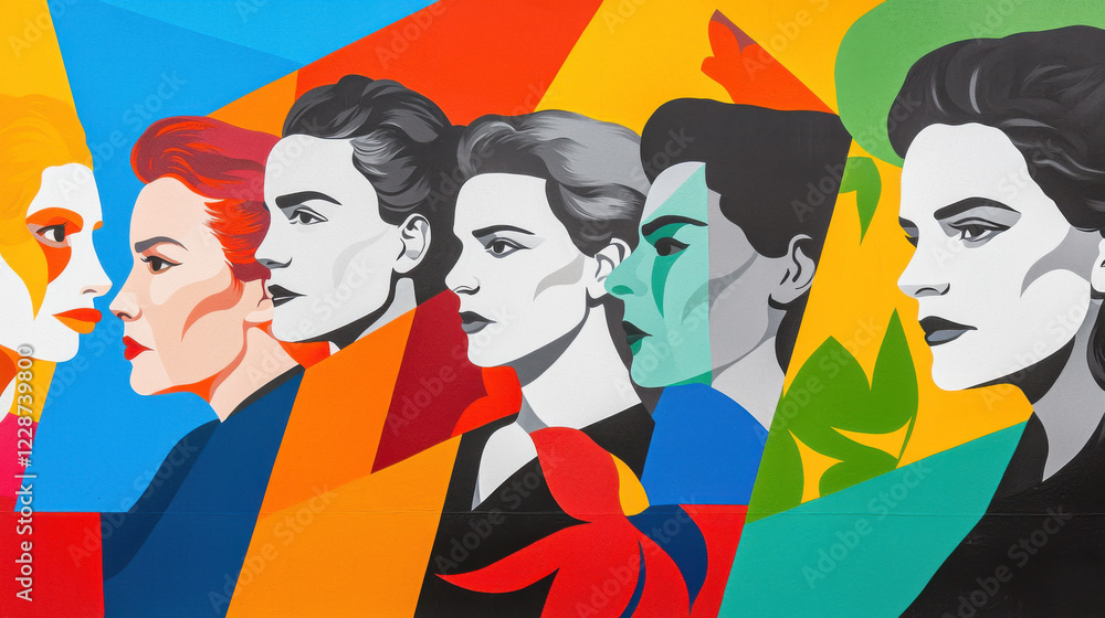 A vibrant mural featuring stylized portraits of a woman in various colors, showcasing modern art techniques and bold design elements. A vibrant mural featuring stylized portraits of a woman in various colors, showcasing modern art techniques and bold design elements.