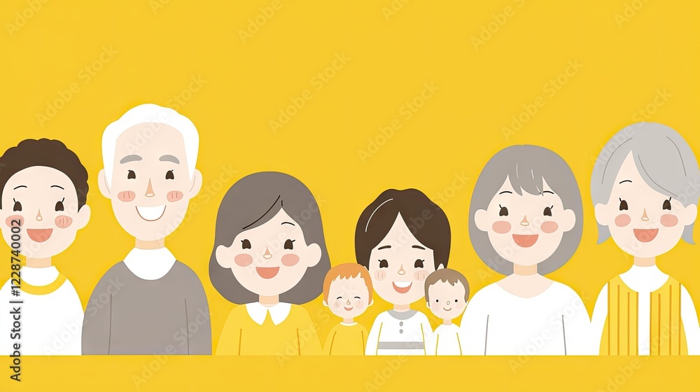 Happy multigenerational family portrait, yellow background, website banner Happy multigenerational family portrait, yellow background, website banner