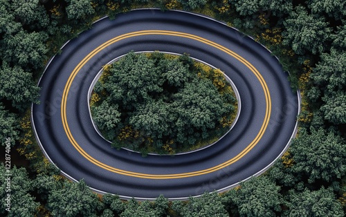 Aerial view of a circular road winding through a lush forest. photo