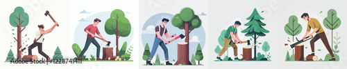 vector of young man cutting down a tree