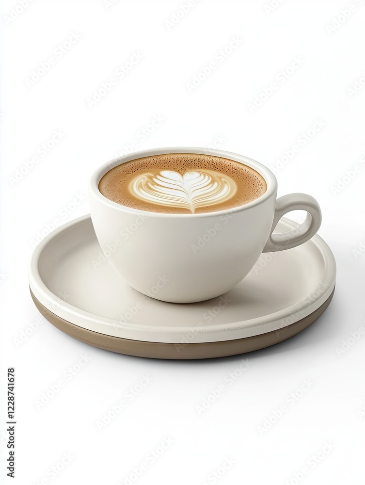 Latte art coffee cup saucer, white background, cafe drink Latte art coffee cup saucer, white background, cafe drink