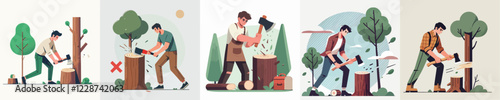 vector of young man cutting down a tree