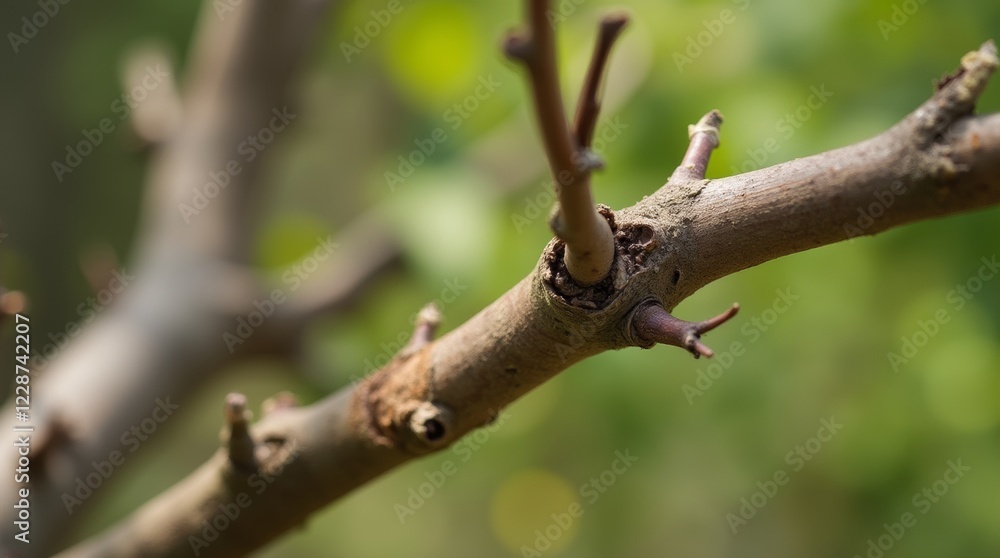Close-up of a properly pruned branch at a 45-degree angle, clean cut with smooth wood texture, outdoor garden scene. Close-up of a properly pruned branch at a 45-degree angle, clean cut with smooth wood texture, outdoor garden scene.