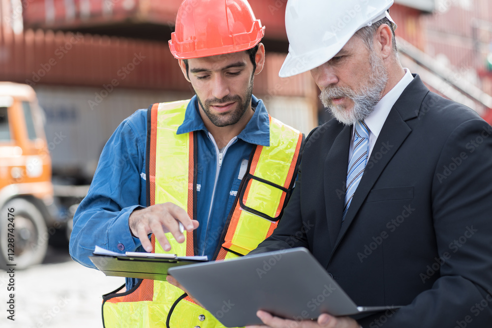 Fototapeta premium Senior businessman manager and male worker working at container cargo site control loading containers boxes and checking up goods and shipping containers