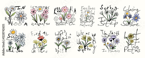 Spring flower vector set. Wildflowers quotes graphics for poster and print. Spring quotes t-shirt design bundle, Botanical hand-drawn illustration artwork, floral clothing design, Vintage flower set