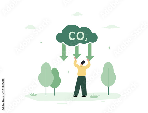 Circular economy. CO2 neutral. Net zero emissions and carbon dioxide balance. Climate change and sustainability. Vector illustration in flat cartoon style.
