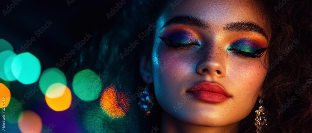 Obraz premium Dramatic Makeup Colorful Eyeshadow Freckles Night Lights Closeup Portrait
