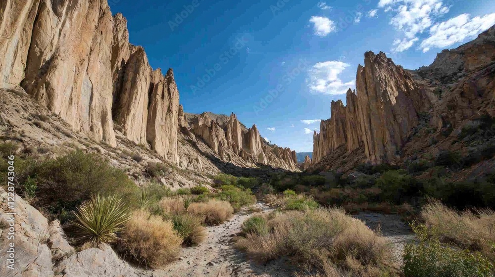 Fototapeta premium A Rocky Canyon with Steep Cliffs, Desert Plants, and a Dry Riverbed