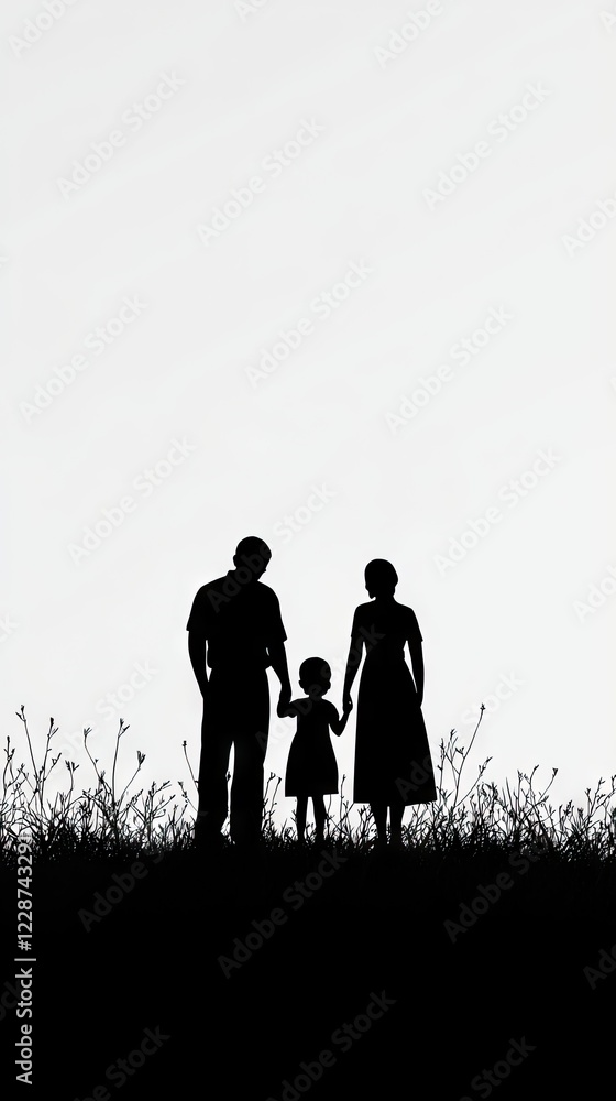 Family silhouette, holding hands, field, sunset, stock photo Family silhouette, holding hands, field, sunset, stock photo