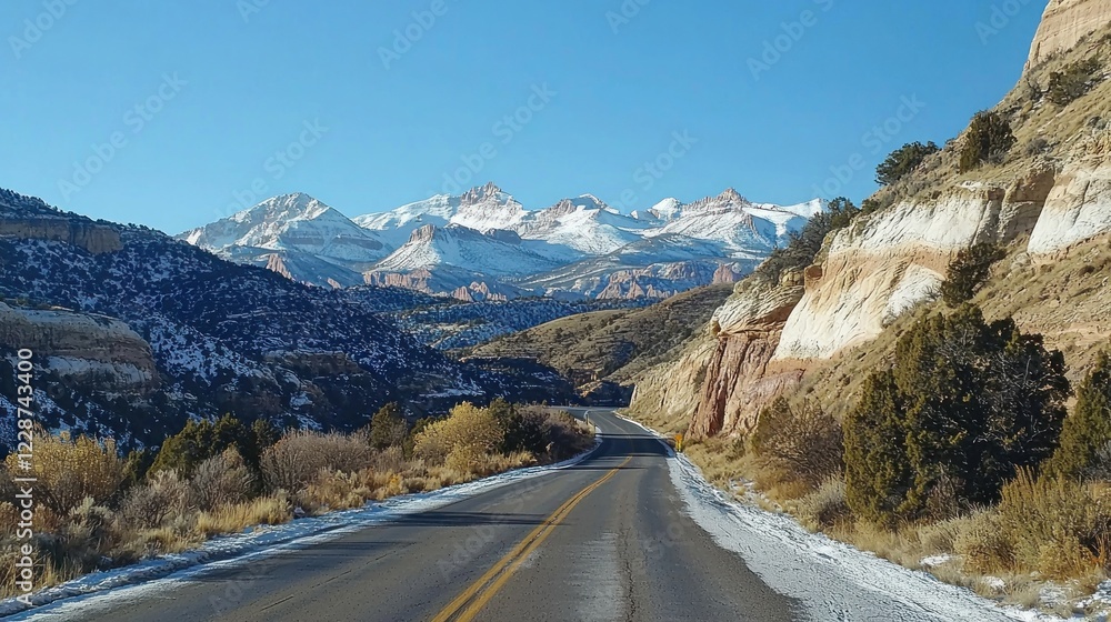 Fototapeta premium A Scenic Road Winding Through a Mountain Pass with Snowy Peaks in the Distance