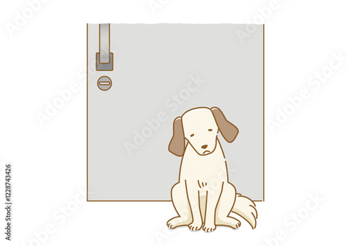 玄関のドアの前で主人を待つ寂しそうな耳の垂れた犬