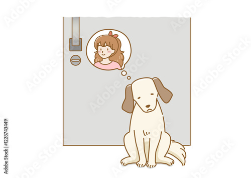 玄関のドアの前で主人を想う寂しそうな耳の垂れた犬