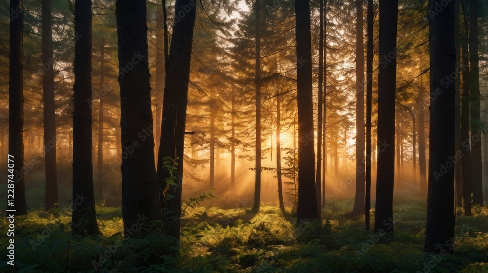 Naklejka premium Sunlight streaming through a dense forest of tall trees creating a magical scene