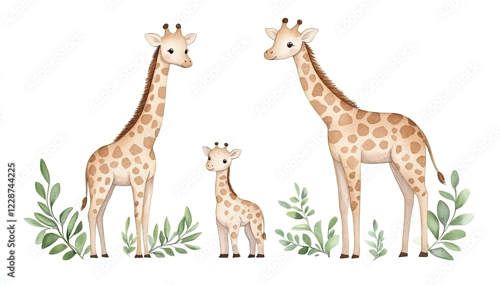 Obraz premium Three adorable giraffes standing amidst green leaves in a whimsical, playful illustration