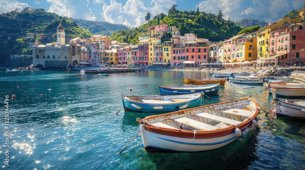Fototapeta premium A Small Harbor with Colorful Boats and a Seaside Village in the Background
