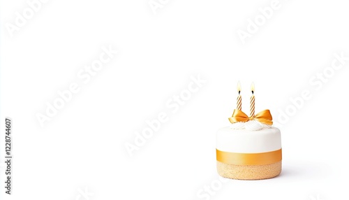 A beautifully decorated birthday cake with two candles and a ribbon, set against a plain background