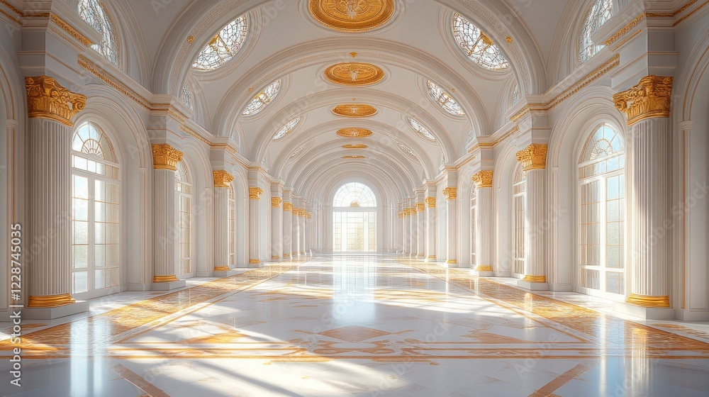 Fototapeta premium Sunlit Palace Hallway, Marble Floor, Garden View