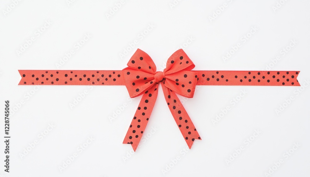 Vibrant red ribbon with black polka dots tied in a bow on a clean white background Vibrant red ribbon with black polka dots tied in a bow on a clean white background