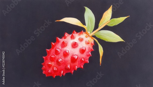 Vibrant red fruit with spiky exterior and green leaves against a dark background, showcasing nature's beauty