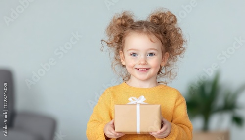 Happy child holding a gift box, smiling in a cozy living room with plants in the background