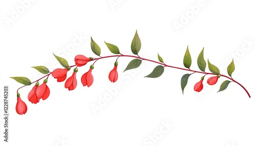 Vibrant red flowers with green leaves elegantly arranged on a white background, perfect for design