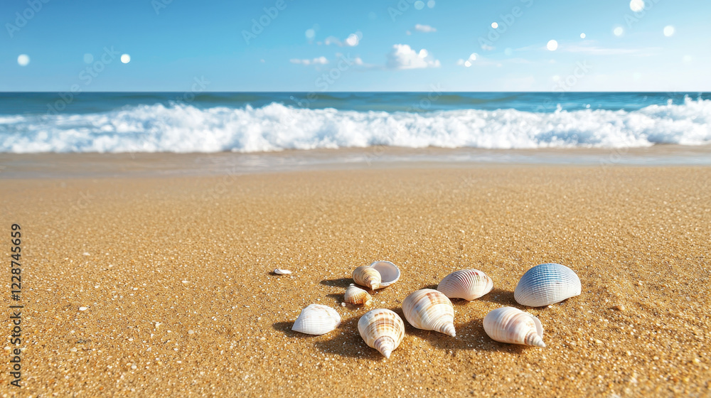 Seashells scattered on golden sand by ocean under clear sky Seashells scattered on golden sand by ocean under clear sky
