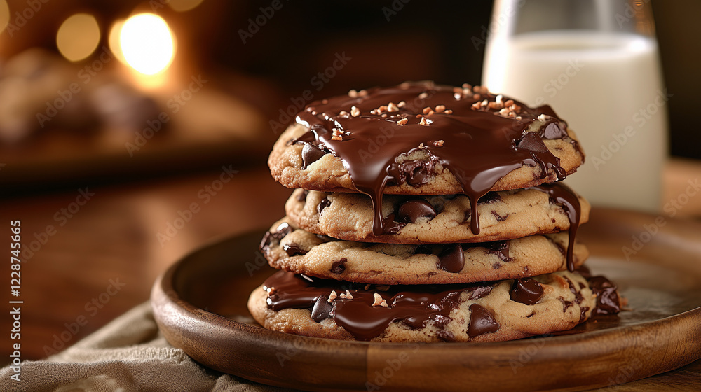 Close-up of a crispy chocolate chip cookie with melted chocolate chunks in the middle, blurred background with cookie ingredients like flour and chocolate bars Close-up of a crispy chocolate chip cookie with melted chocolate chunks in the middle, blurred background with cookie ingredients like flour and chocolate bars