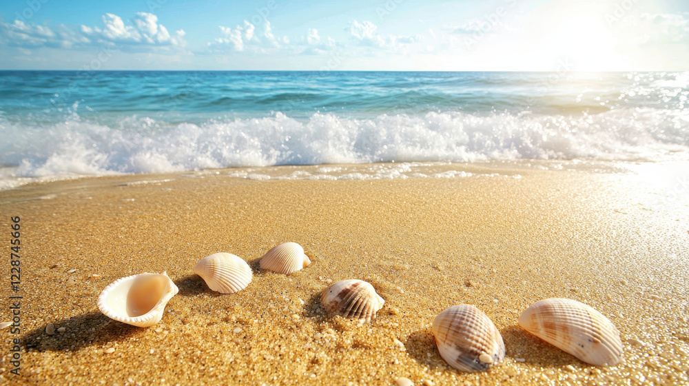 Seashells scattered on golden sand by ocean under bright sky Seashells scattered on golden sand by ocean under bright sky