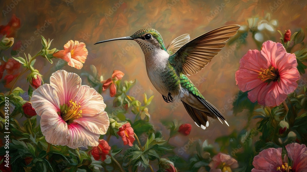 Fototapeta premium A vibrant hummingbird hovers near blooming flowers, showcasing nature's beauty and intricate details in a colorful, serene environment.