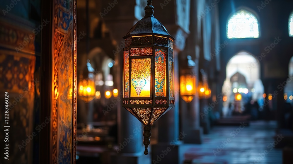 Illuminated Lantern Hanging in Historic Mosque Interior Illuminated Lantern Hanging in Historic Mosque Interior