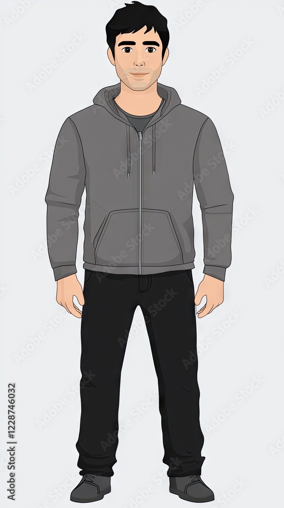 Man, grey hoodie, black pants, studio, casual Man, grey hoodie, black pants, studio, casual
