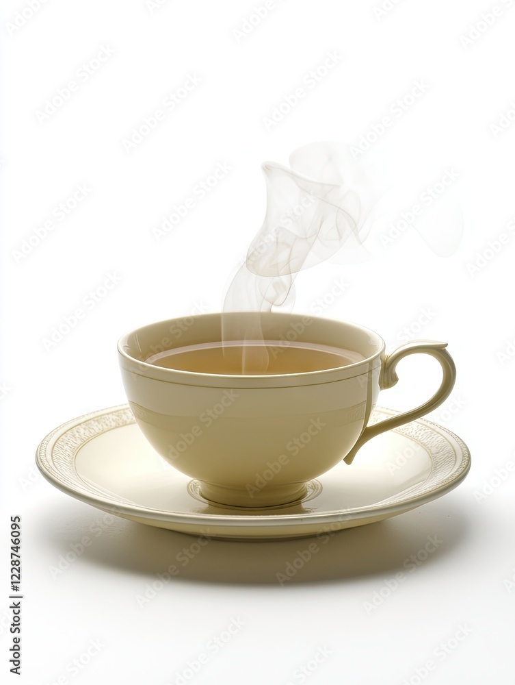 Steaming teacup on saucer, white background; perfect for breakfast, relaxation themes Steaming teacup on saucer, white background; perfect for breakfast, relaxation themes