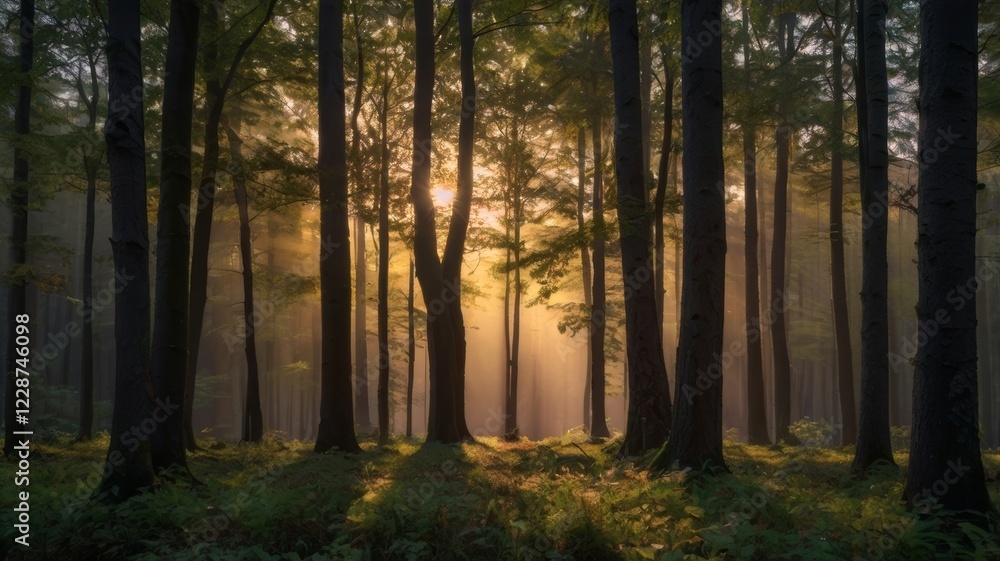 Sun rays pierce through the dense forest canopy creating an ethereal and magical ambiance Sun rays pierce through the dense forest canopy creating an ethereal and magical ambiance