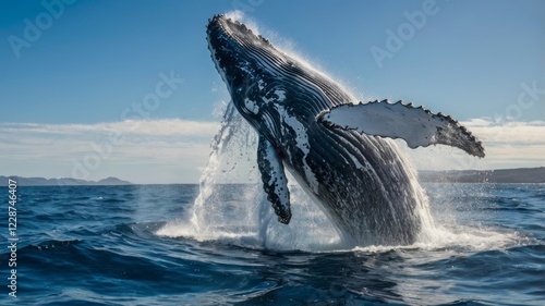Majestic humpback whale breaching in the ocean against a clear sky with mountains background