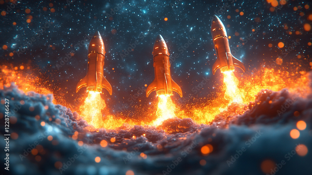 A space rocket launching with flames and smoke against a dark blue background representing innovation exploration minimalistic bright modern blurred empty space for caption on side A space rocket launching with flames and smoke against a dark blue background representing innovation exploration minimalistic bright modern blurred empty space for caption on side