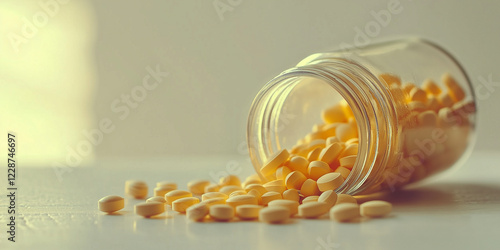 Verschiedene Pillen und Tabletten die aus ener Flasche geschüttet wurden. photo