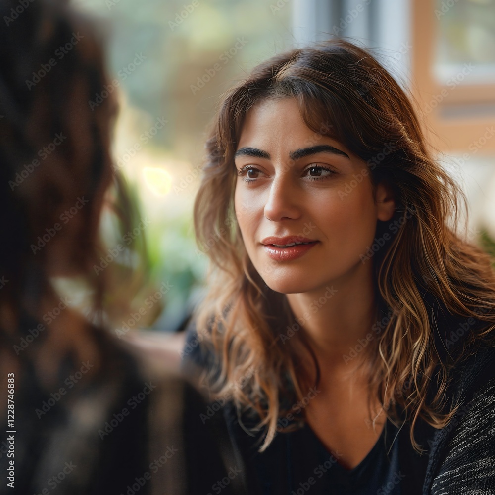 Two individuals engage in a meaningful conversation during a talk therapy session, emphasizing emotional connection and non-verbal communication in a soft, intimate setting Two individuals engage in a meaningful conversation during a talk therapy session, emphasizing emotional connection and non-verbal communication in a soft, intimate setting