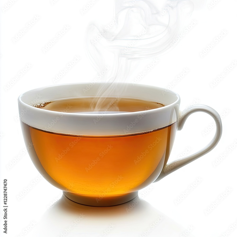 Steaming cup of tea, white background, breakfast beverage Steaming cup of tea, white background, breakfast beverage